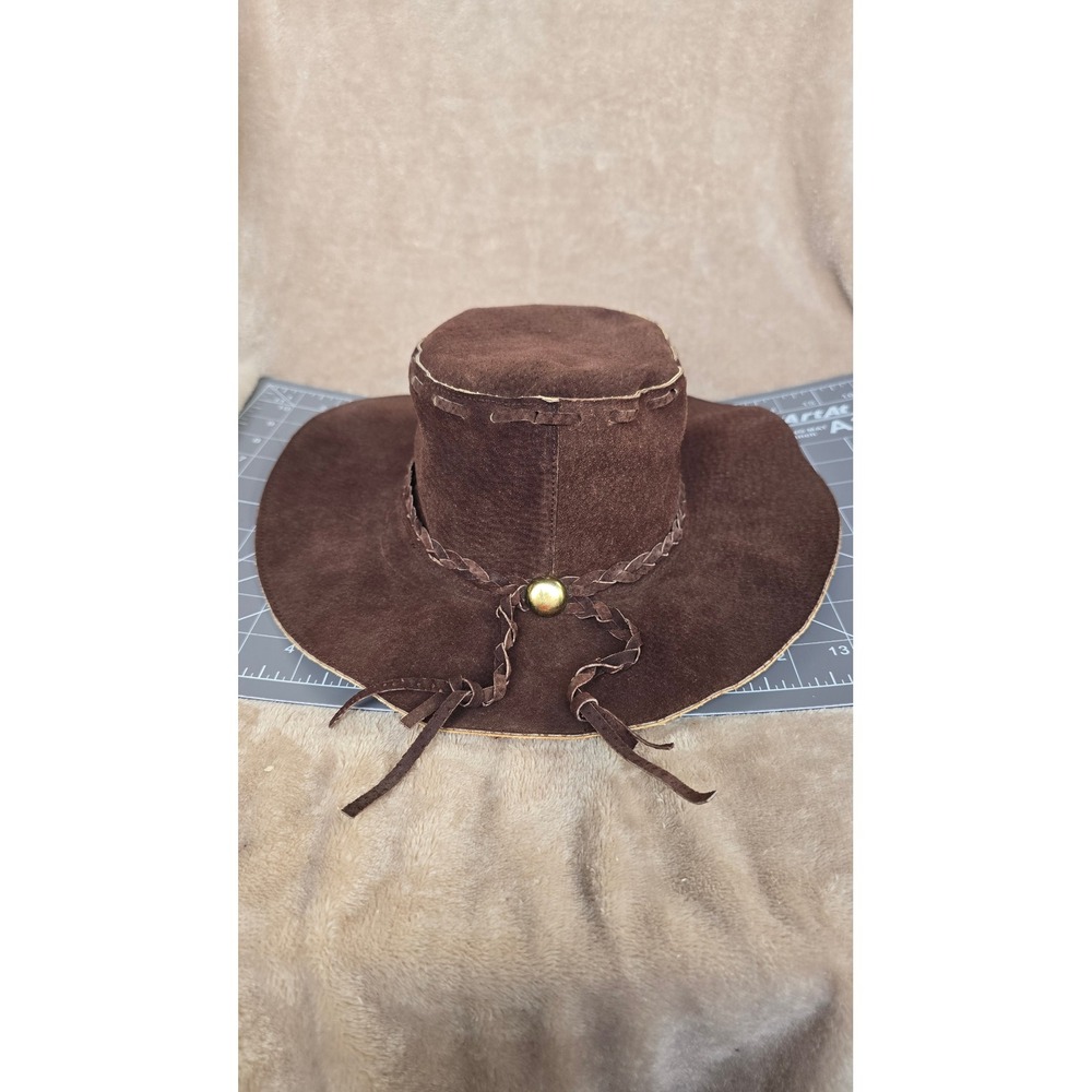 Vintage Brown Suede Leather Outback Cowboy Hat Braided Band Studded Mexico Small